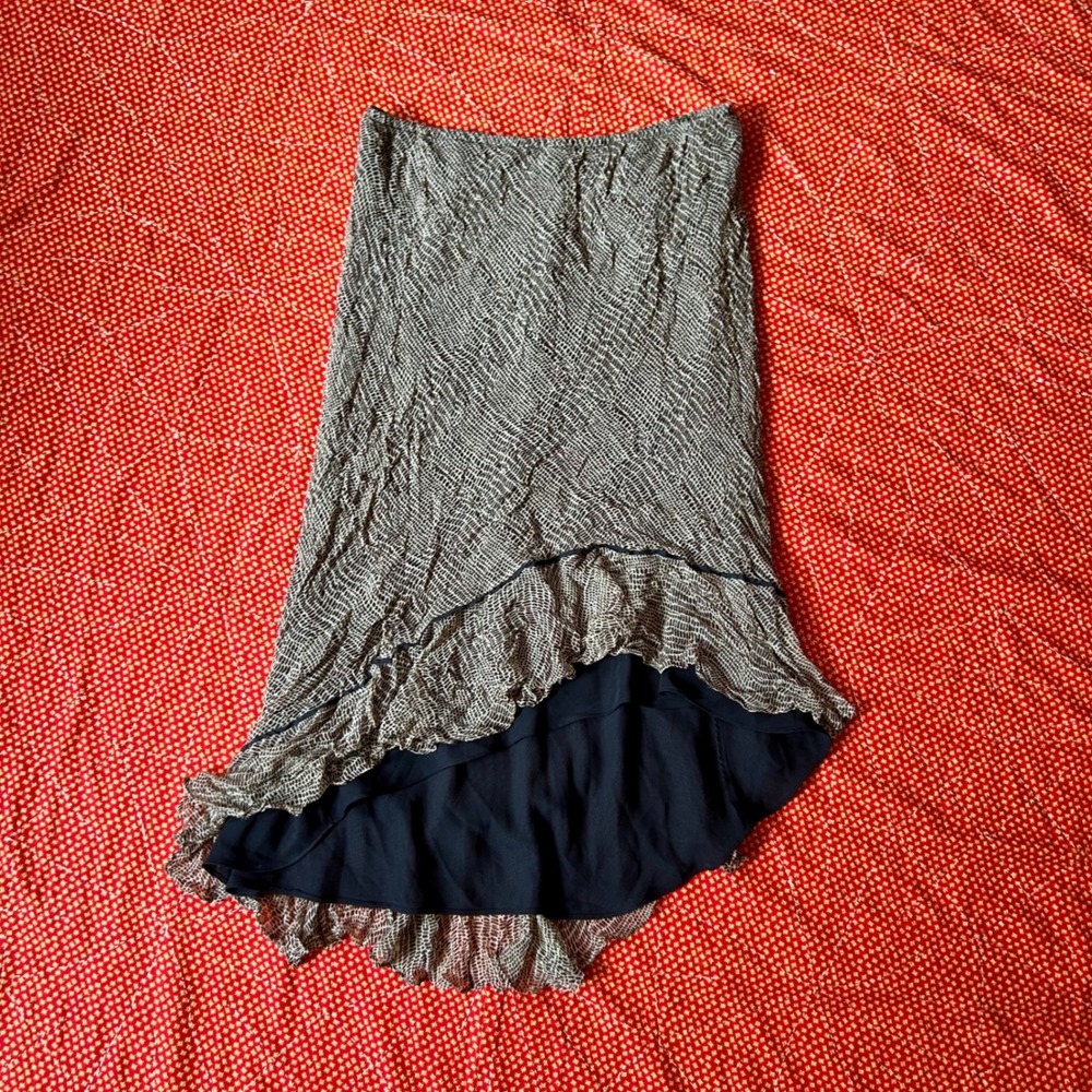 Vintage 90s Robbie Bee 100% Silk Ruffle Hem Midi Skirt Snakeskin Print Size 14
